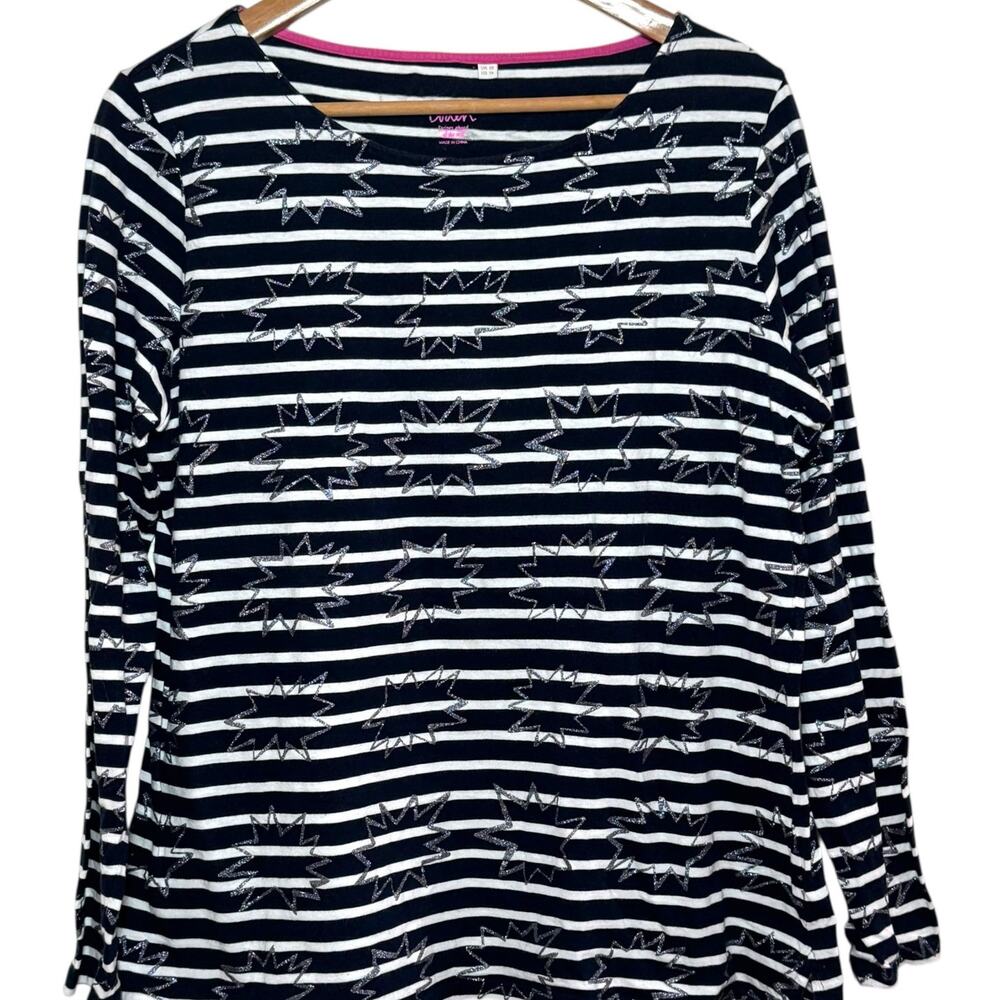 Boden Blue White Stripes Silver Glitter Star Burst Size 14 US Long Sleeve Shirt